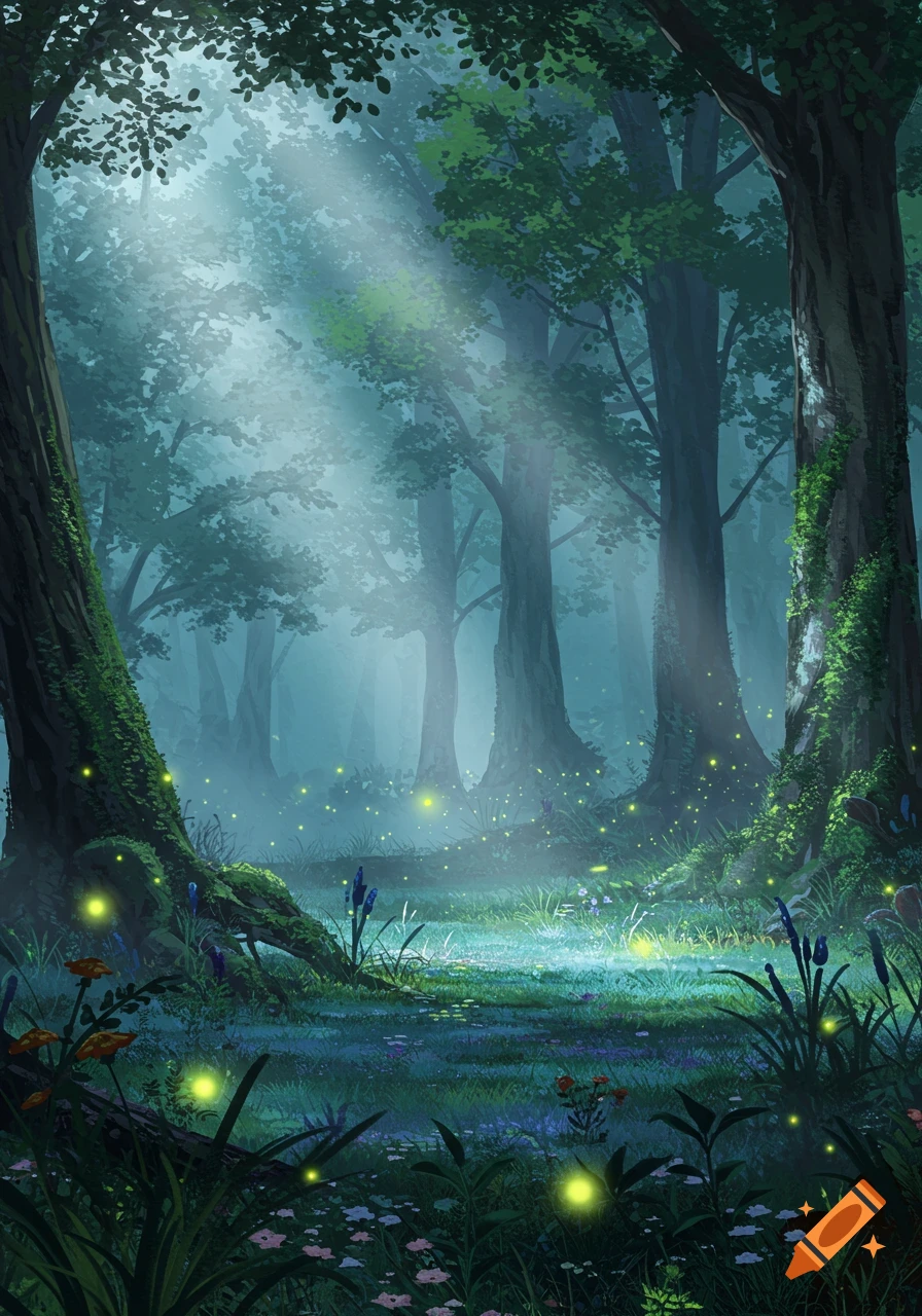 Mystical forest at night with glowing fireflies, lush green trees, and ethereal light rays filtering through the canopy.
