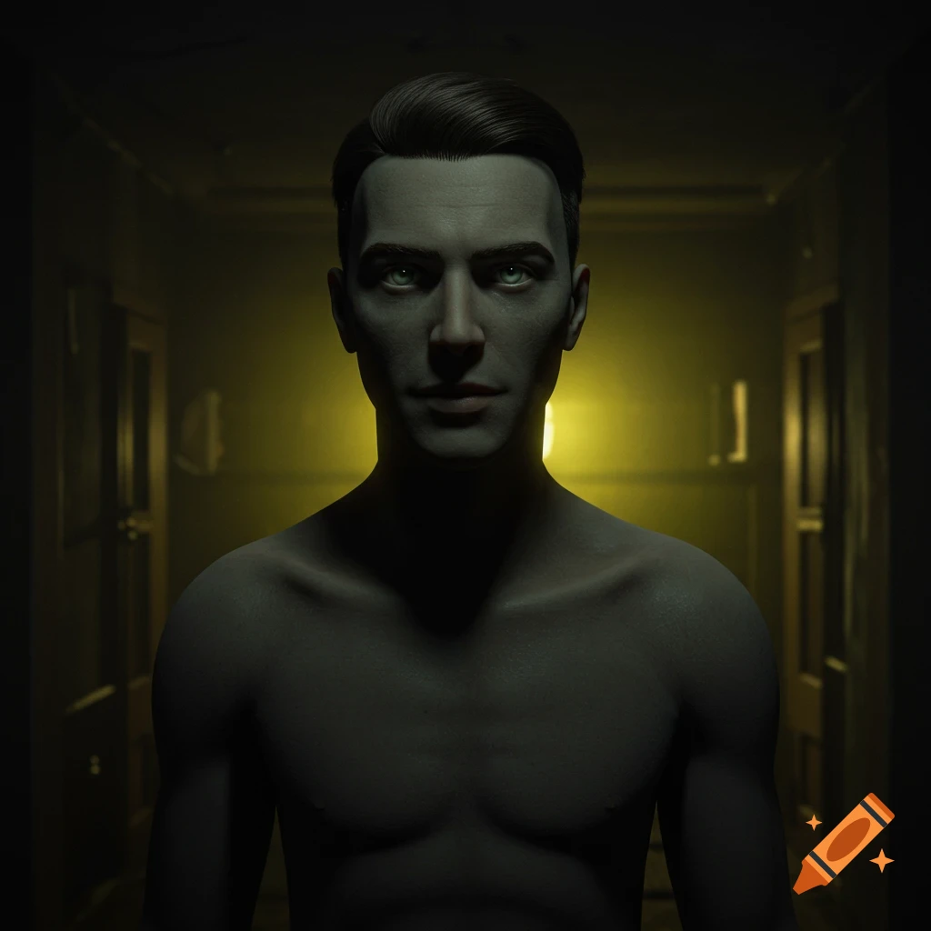 A pale, unsettling man with green eyes stands shirtless in a dimly lit, distorted hallway, in an analog horror style.