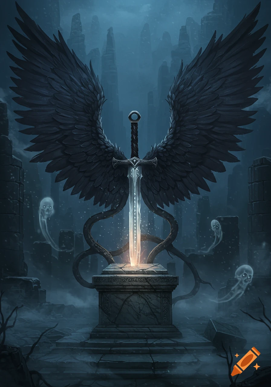 A glowing sword with large dark wings stands on a stone pedestal in misty ruins, with faint ghostly figures floating nearby. Dark fantasy art.