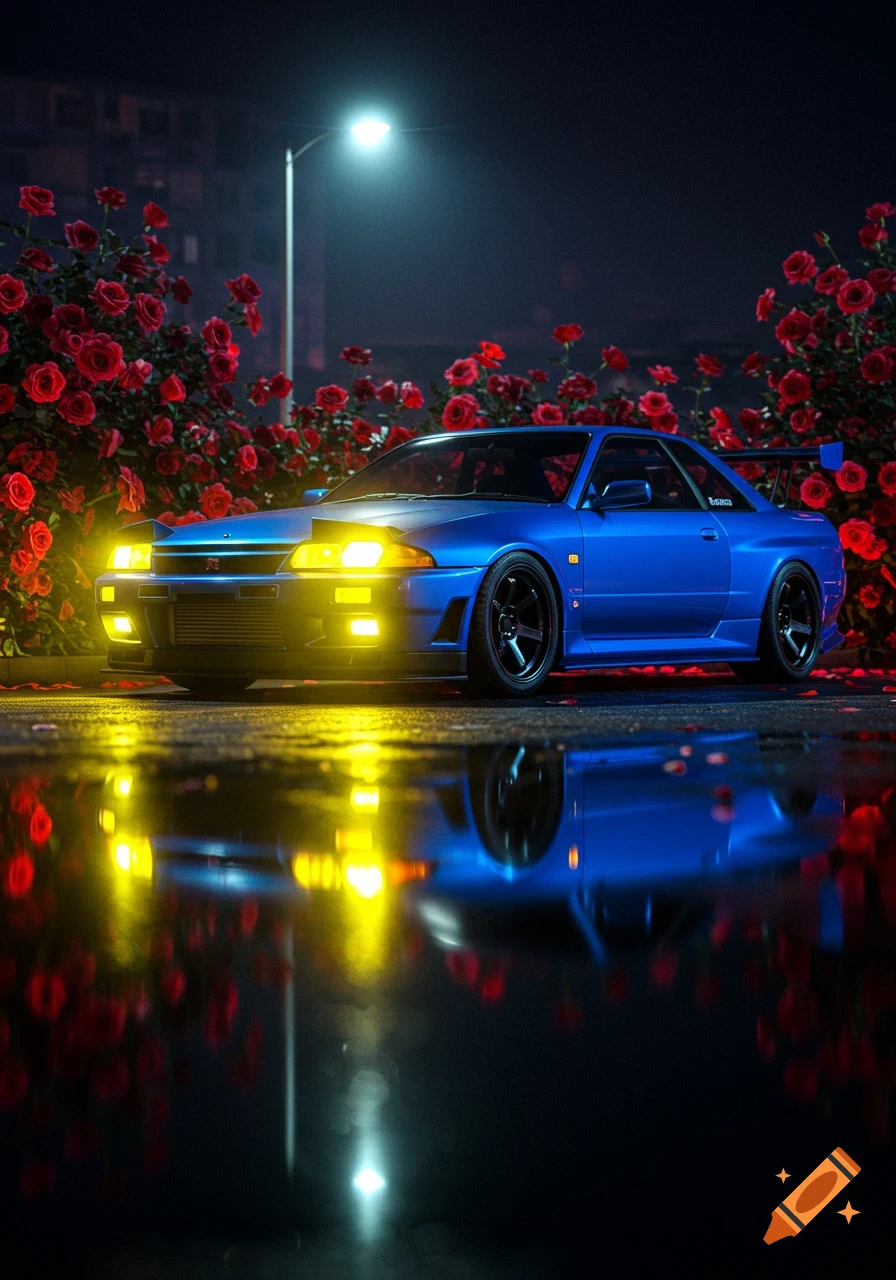 A blue Nissan Skyline with yellow headlights and a black hood parked at night amidst red roses, reflecting on wet ground under a streetlamp.