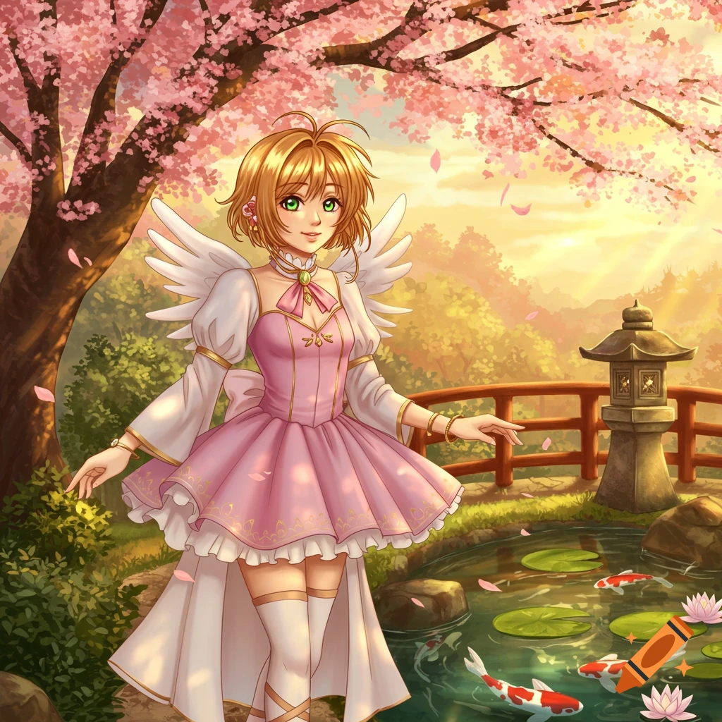 Anime girl in a pink dress with wings stands under a cherry blossom tree in a Japanese garden with a koi pond.