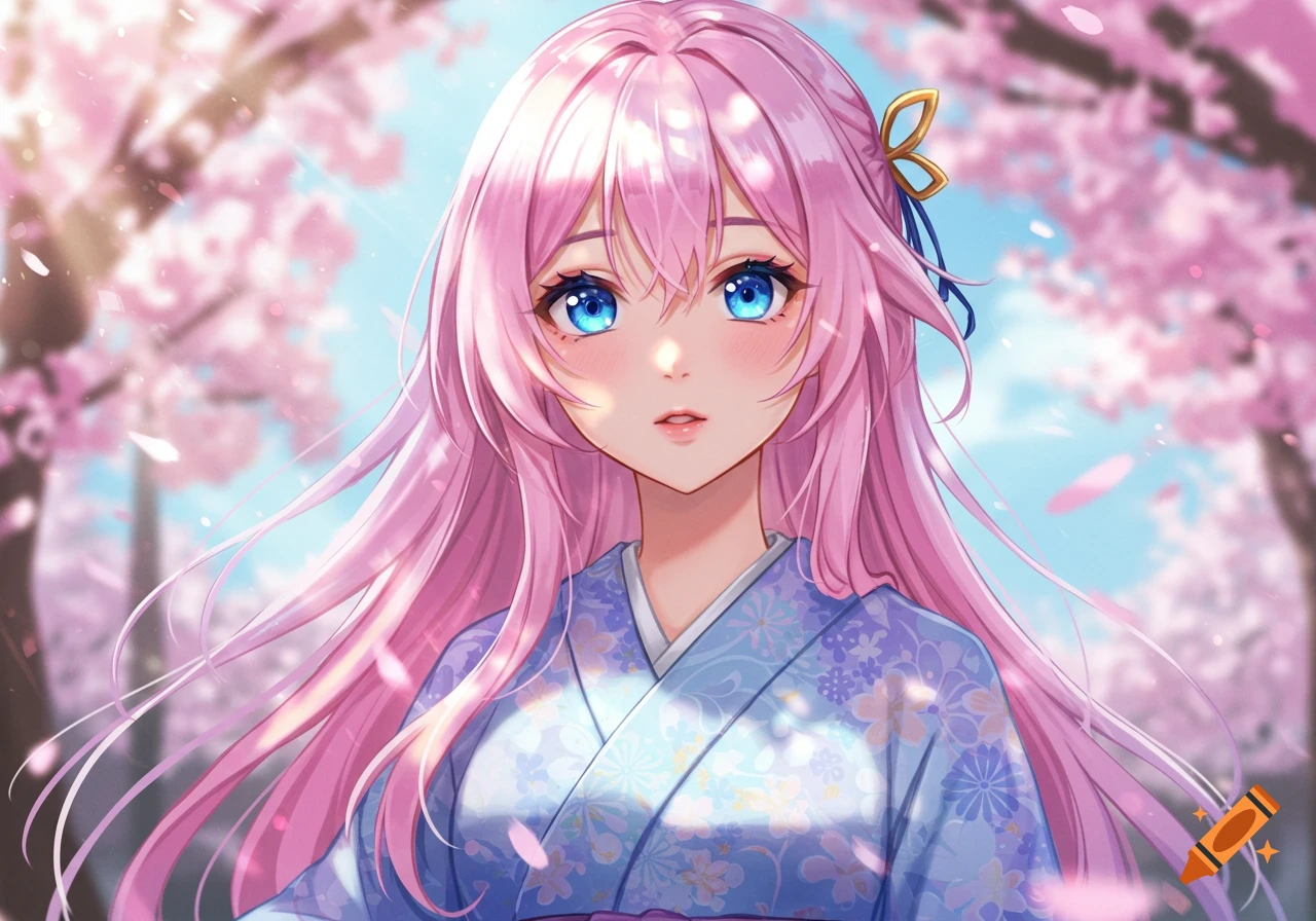 Anime girl with long pink hair and blue eyes wearing a kimono, standing under blooming cherry blossom trees.