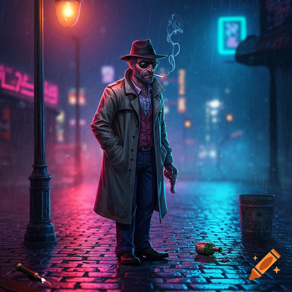 A man in a trench coat, smoking and holding a pistol, stands on a neon-lit, rainy city street at night.