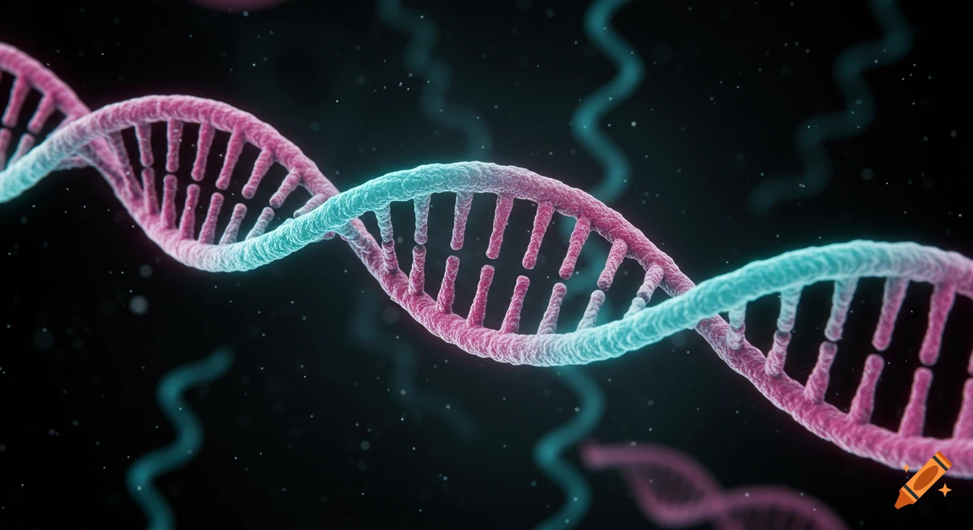 A glowing pink and teal double helix DNA molecule against a dark, blurry background.