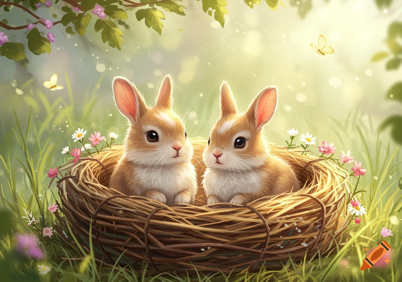 Two cute baby rabbits in a nest surrounded by wildflowers and green leaves, in a soft, bright, whimsical style.