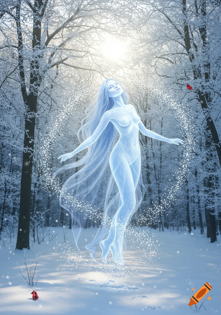 An ethereal, glowing blue female spirit hovers, surrounded by sparkling snow in a sunlit winter forest with frosted trees.