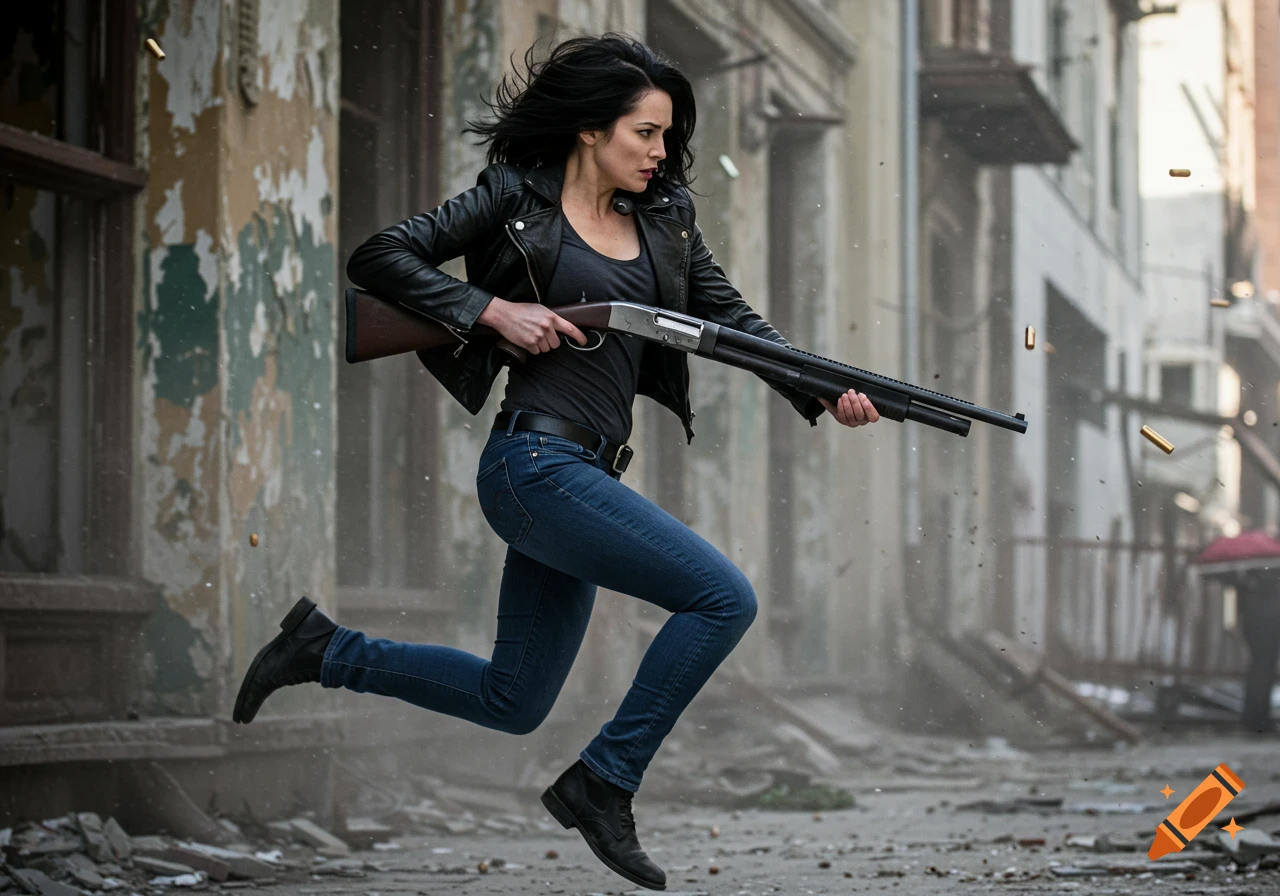 Photorealistic image of a woman in a leather jacket and jeans running with a shotgun in a dilapidated city.
