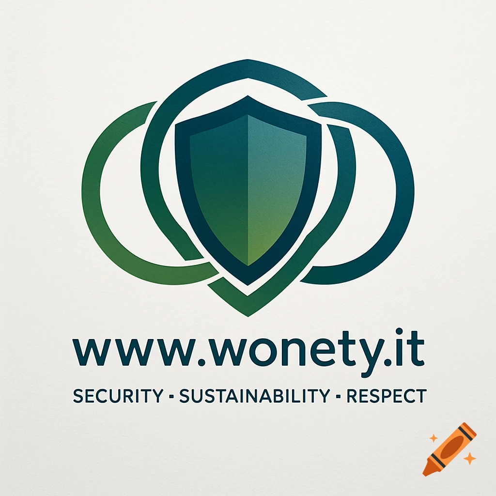 A modern logo featuring a dark green and teal shield surrounded by interconnected rings, with the text "www.wonety.it" and "SECURITY - SUSTAINABILITY - RESPECT" below.