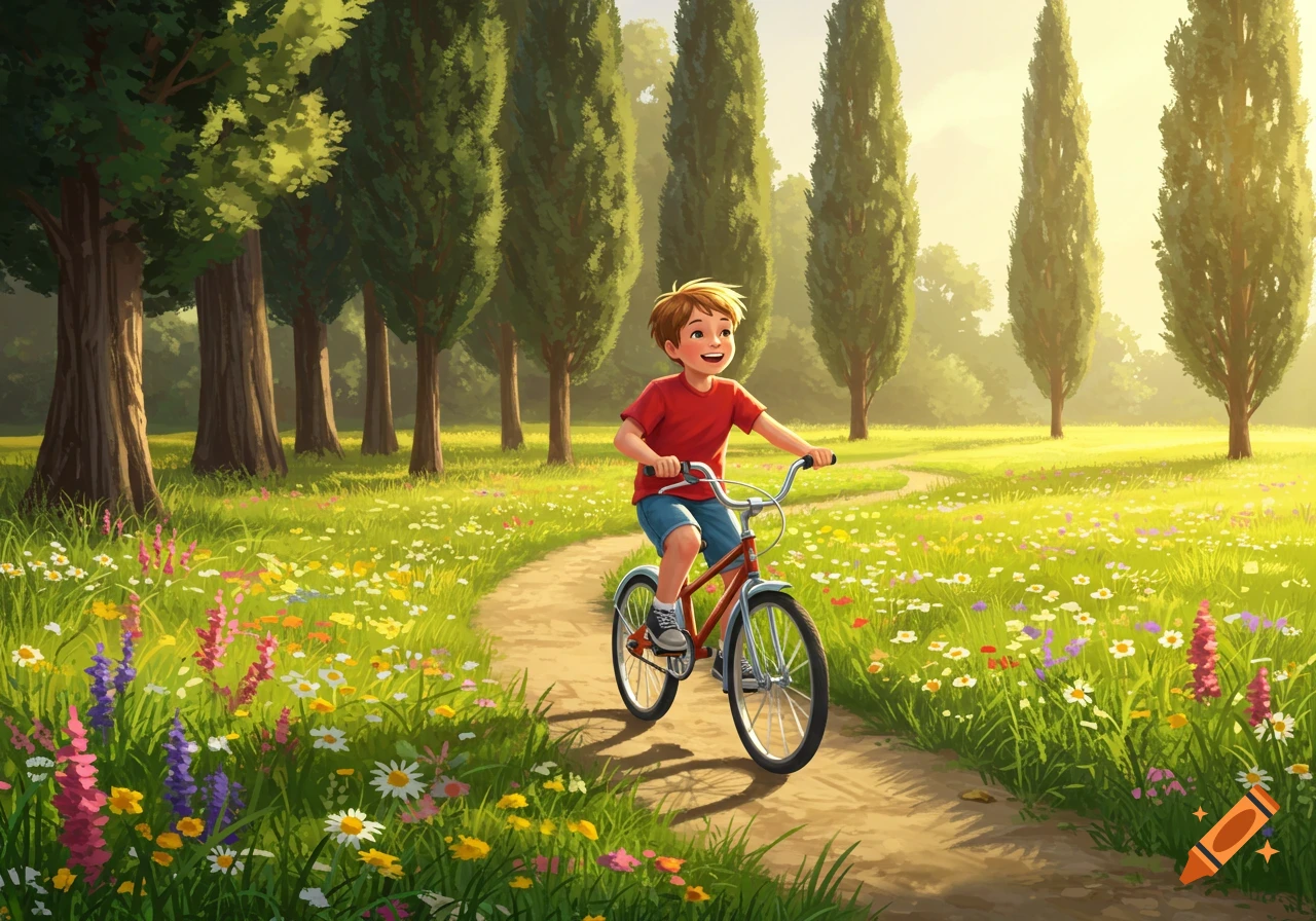 A cheerful boy rides a red bicycle on a dirt path through a sunny meadow filled with colorful wildflowers and tall trees, in an illustration style.