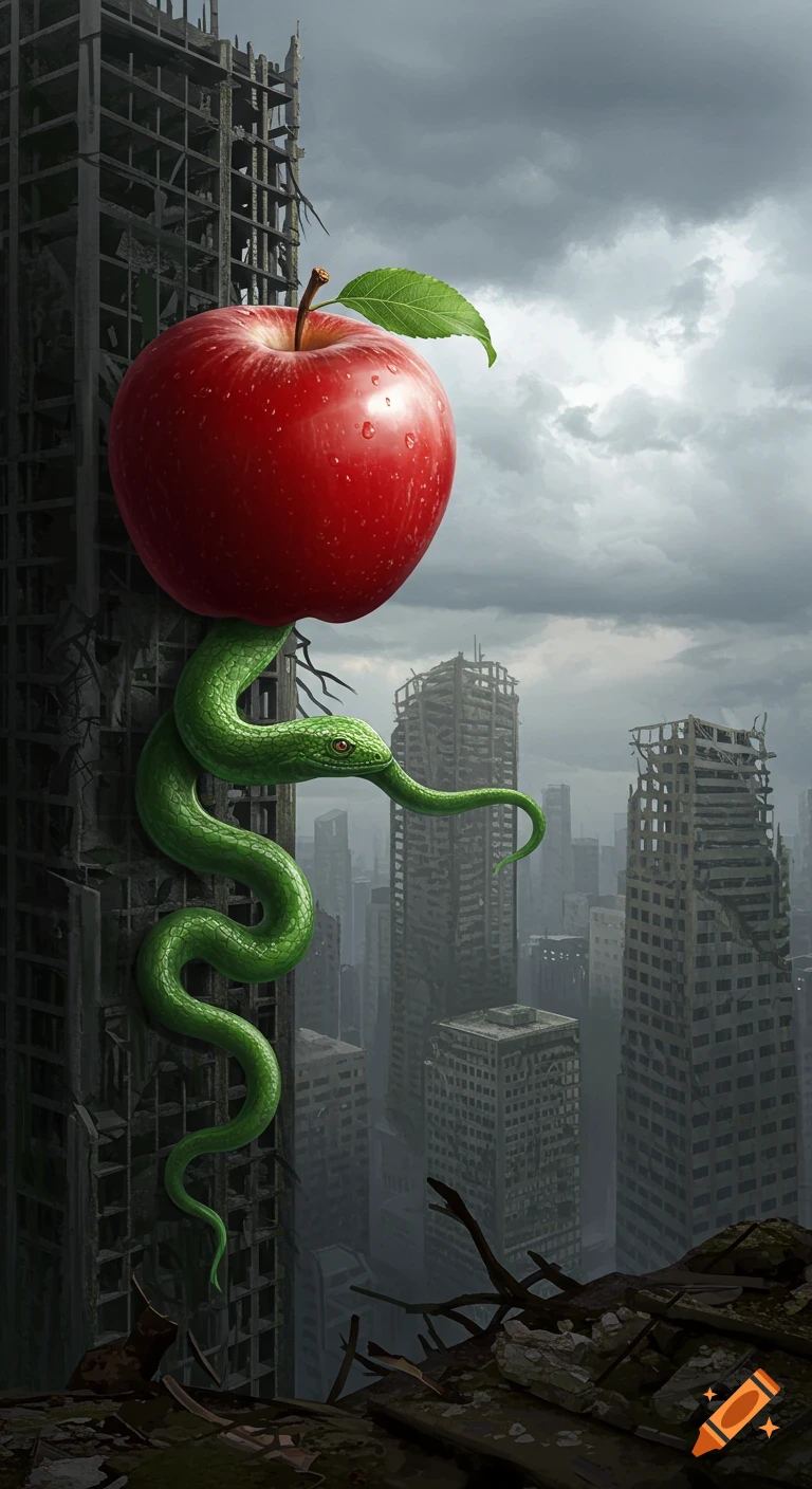 A giant red apple with a green snake wrapped around it is suspended above a ruined city skyline under a dark, cloudy sky.