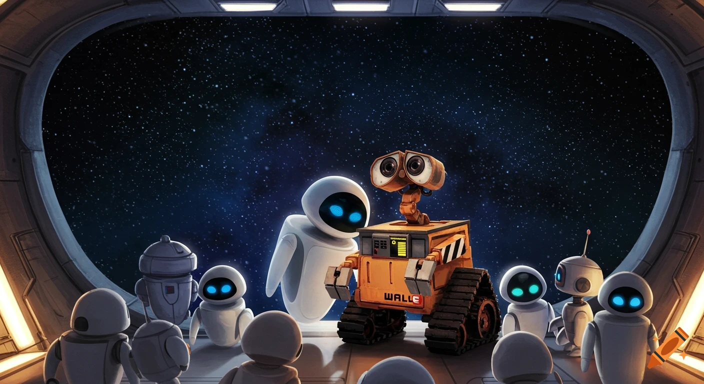 WALL-E, EVE, and other robots look out a spaceship window at stars in this animated scene.