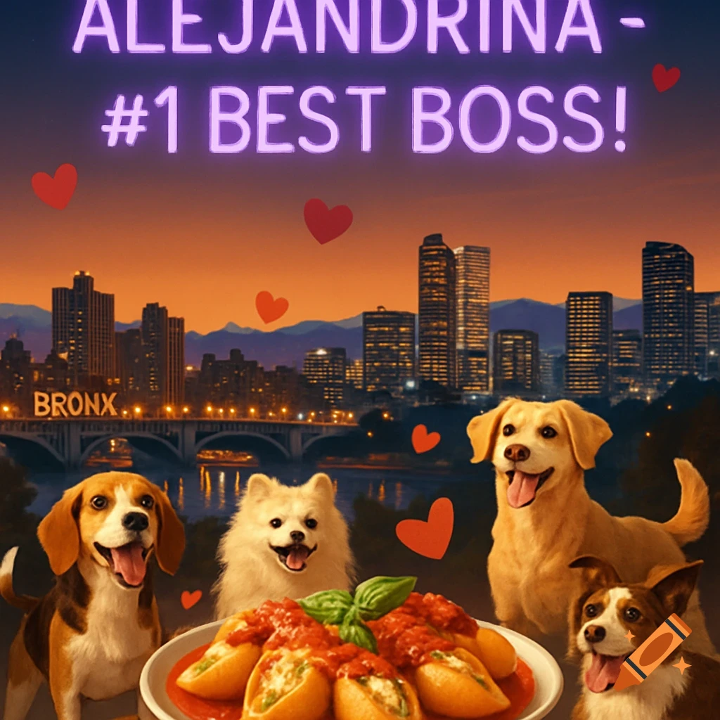 Happy dogs and a plate of stuffed shells before a city skyline and bridge with 'BRONX'. Purple neon text 'ALEJANDRINA - #1 BEST BOSS!' above.