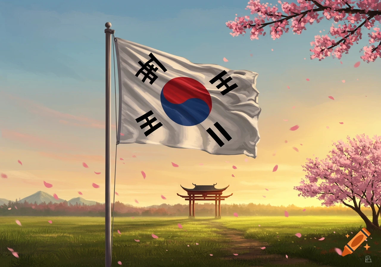South Korean flag flying over a green field with a traditional gate, cherry blossoms, and mountains at sunset.