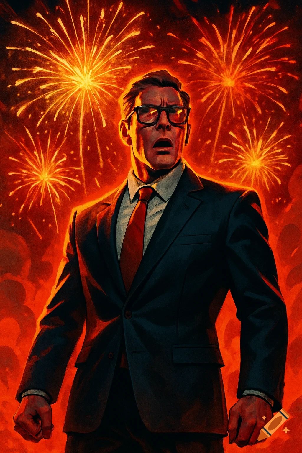 Stylized illustration of a man in a suit and glasses looking shocked amidst red fireworks explosions.