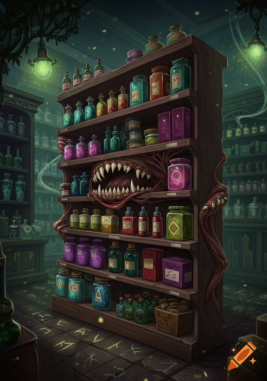 A fantasy illustration of a wooden store shelf filled with potions and jars, with a large mimic monster mouth on the middle shelf, in a dark, magical shop.