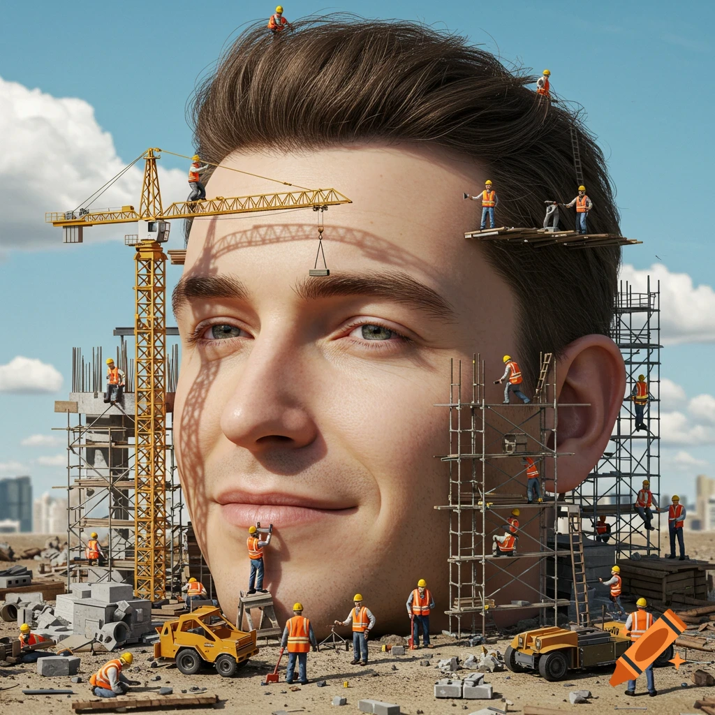 Photorealistic image of tiny construction workers building scaffolding and structures on a giant man's head under a blue sky.