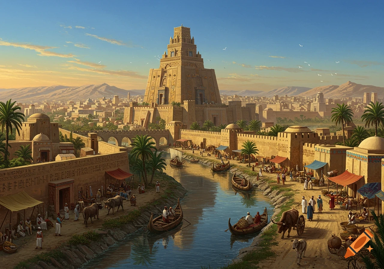 A detailed panoramic illustration of an ancient Akkadian city with a large ziggurat, river, bustling markets, and desert mountains.