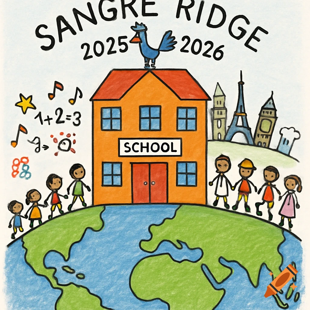 A child-like drawing features a school on Earth with children, adults in various professions, world landmarks, and a roadrunner. Text reads 'SANGRE RIDGE 2025-2026' and 'SCHOOL'.