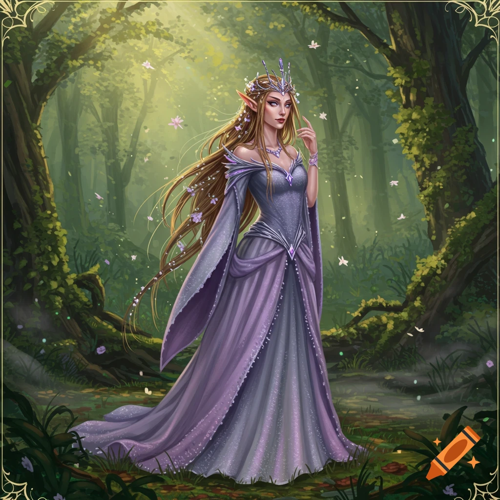 An elven queen with long golden hair, wearing a purple gown and crown, stands in a magical forest with glowing leaves and floating petals.