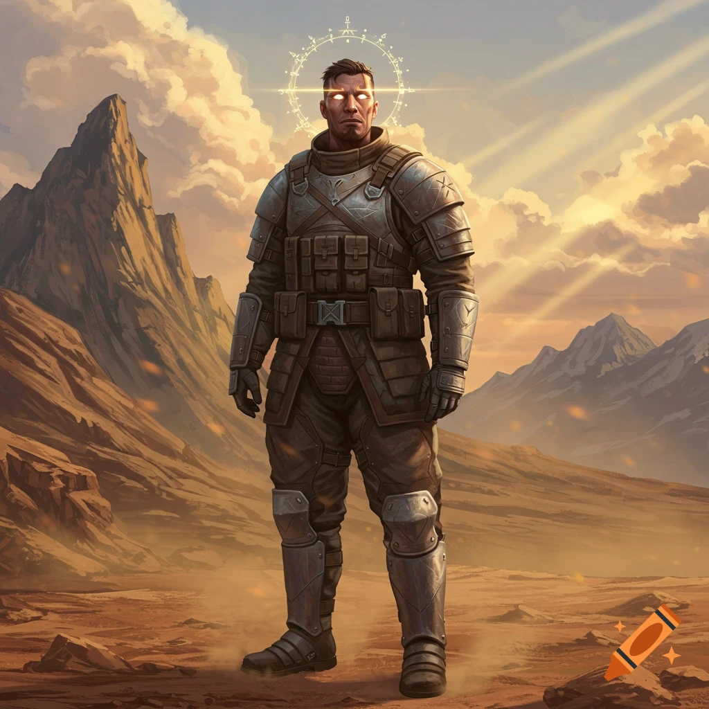 A man in dark armor with glowing eyes and a halo stands in a vast desert landscape with mountains and a dramatic sky, digital art.