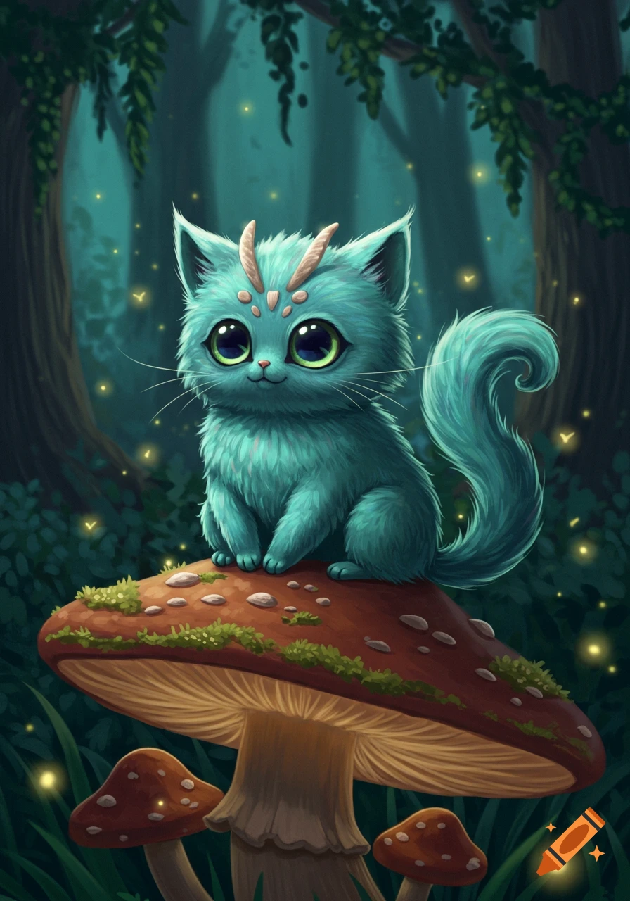 A cute teal fantasy cat creature with horns and big green eyes sits on a mushroom in a glowing forest, whimsical illustration.