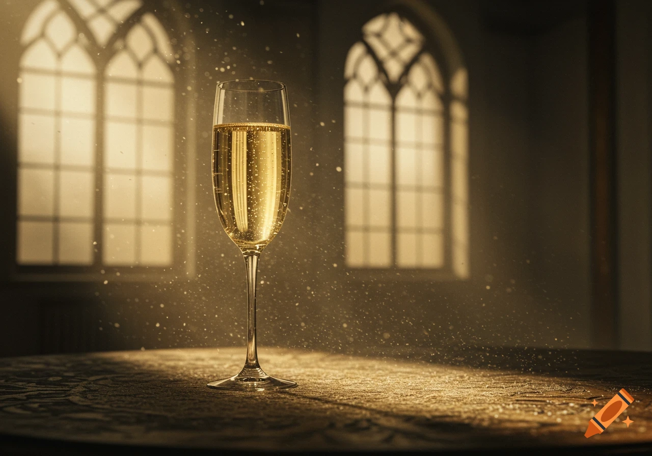 A glass of champagne with bubbles on a textured table, illuminated by golden light and sparkling particles from ornate windows.