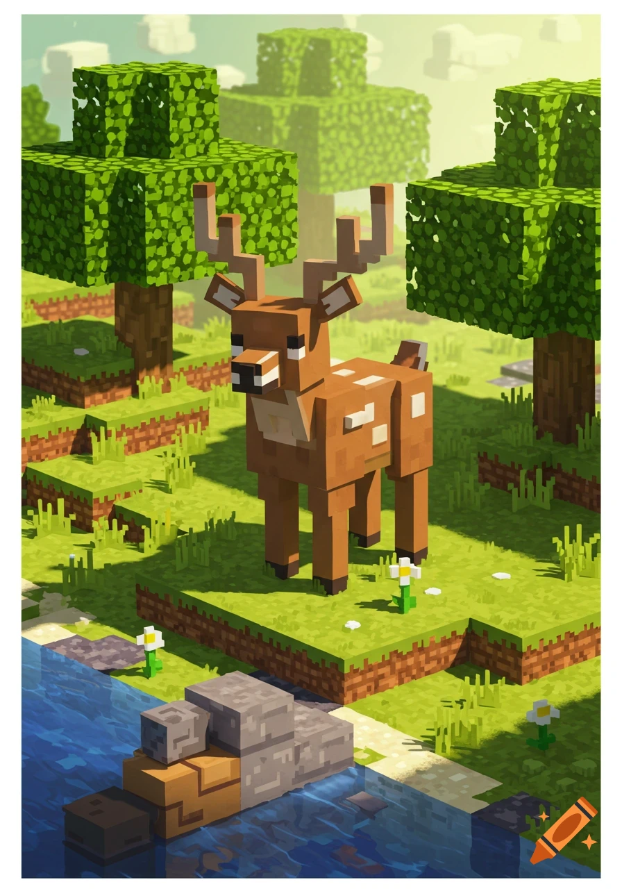 A blocky, pixelated deer with antlers stands in a vibrant Minecraft-like landscape by a river with trees and flowers.