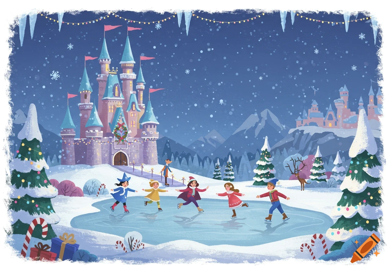 Vector illustration of children ice skating in front of a festive, snowy fairytale castle during winter.