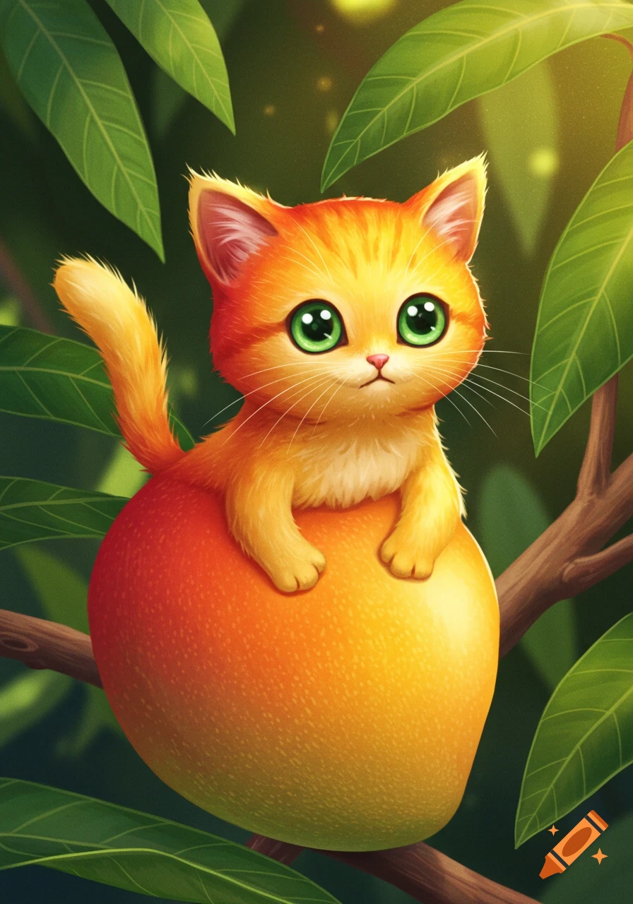 A cute, big-eyed orange tabby kitten with green eyes perches on a large mango hanging from a tree branch, surrounded by green leaves.