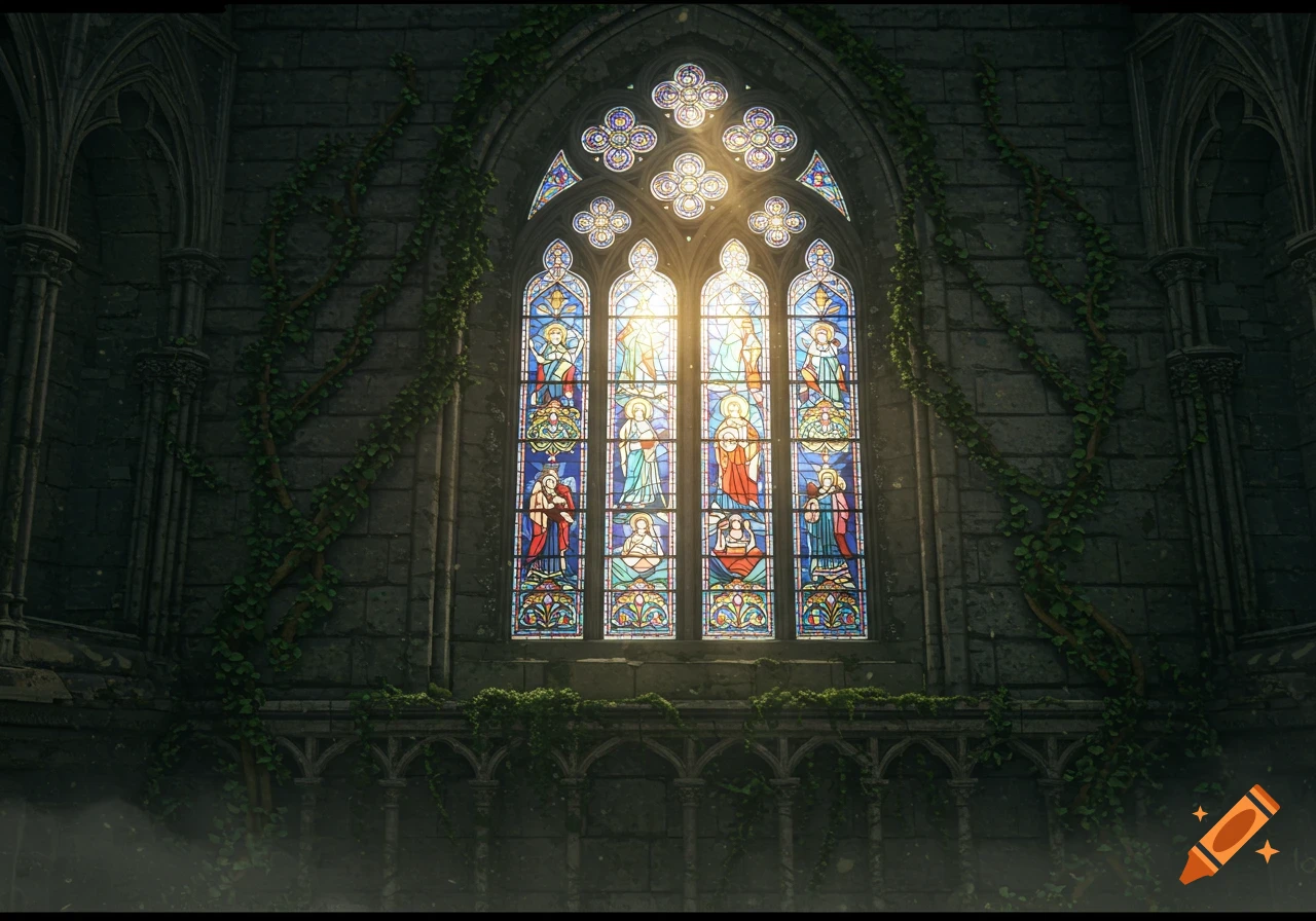 A gothic castle wall covered in vines, with a large, ornate stained glass window depicting religious figures illuminated by bright light.