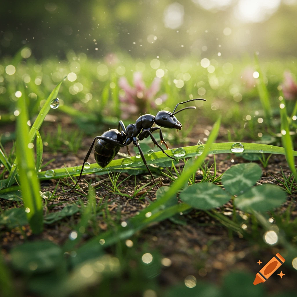 A close-up photorealistic shot of a black ant on dewy green grass with water droplets and a blurred background.