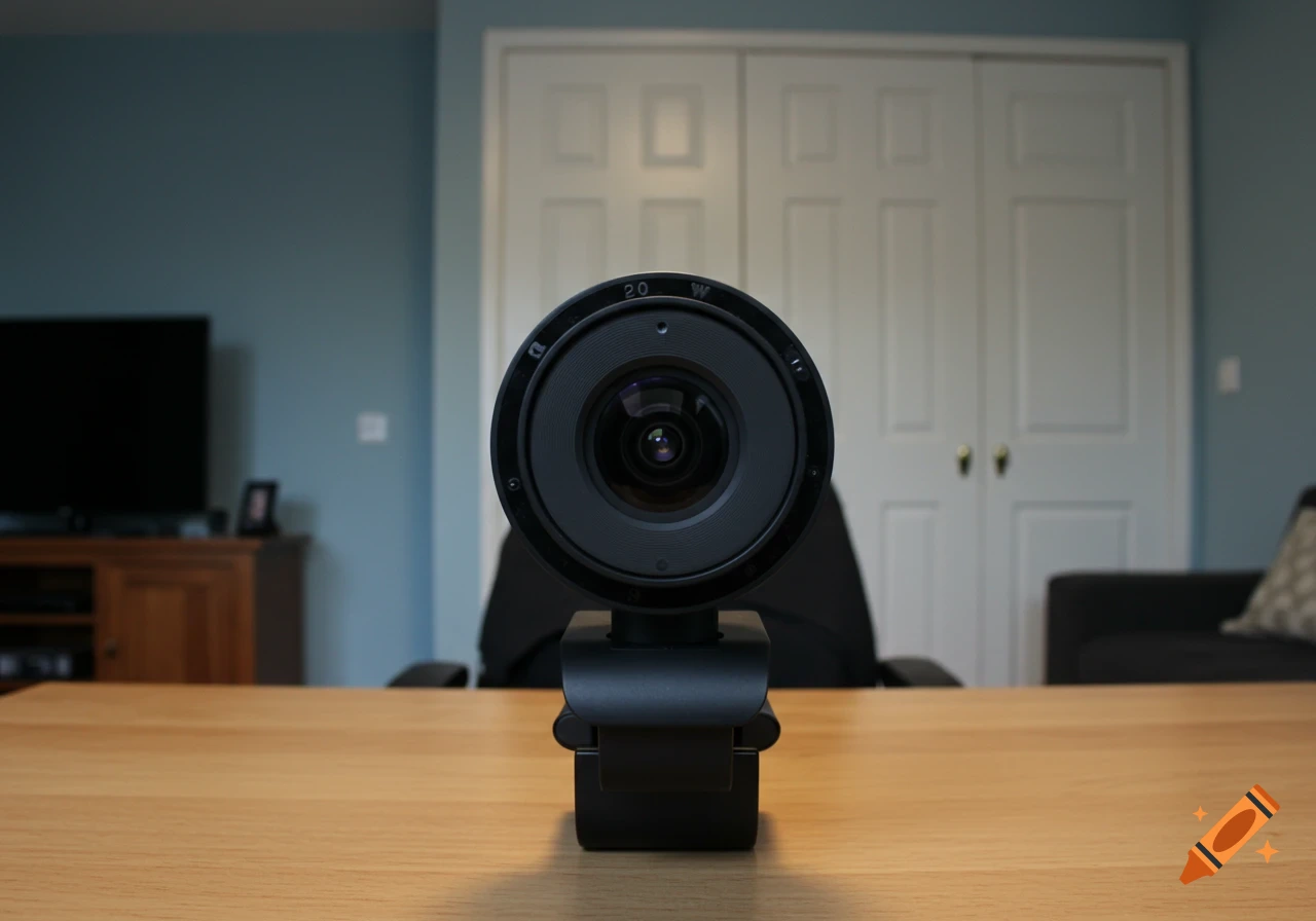Black webcam on a wooden desk, centered in a room with blue walls, a white closet, and a TV.