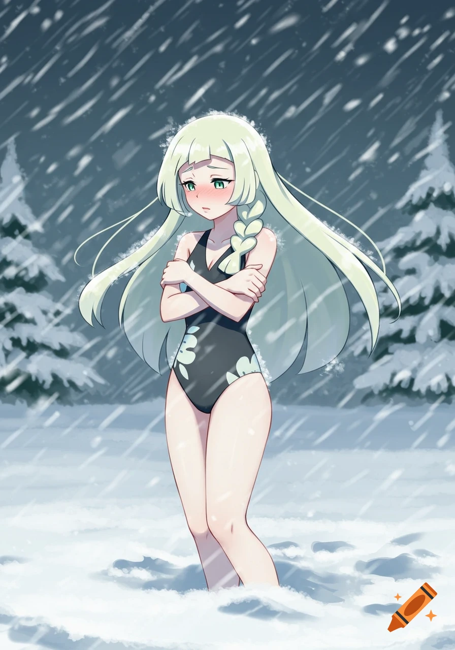 Lillie from Pokémon, an anime girl in a black swimsuit, shivers in a snowy forest.