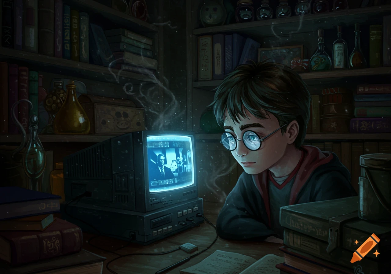 Illustrated Harry Potter looking disappointed at a retro TV, surrounded by books and potions in a dimly lit, dusty magical room.