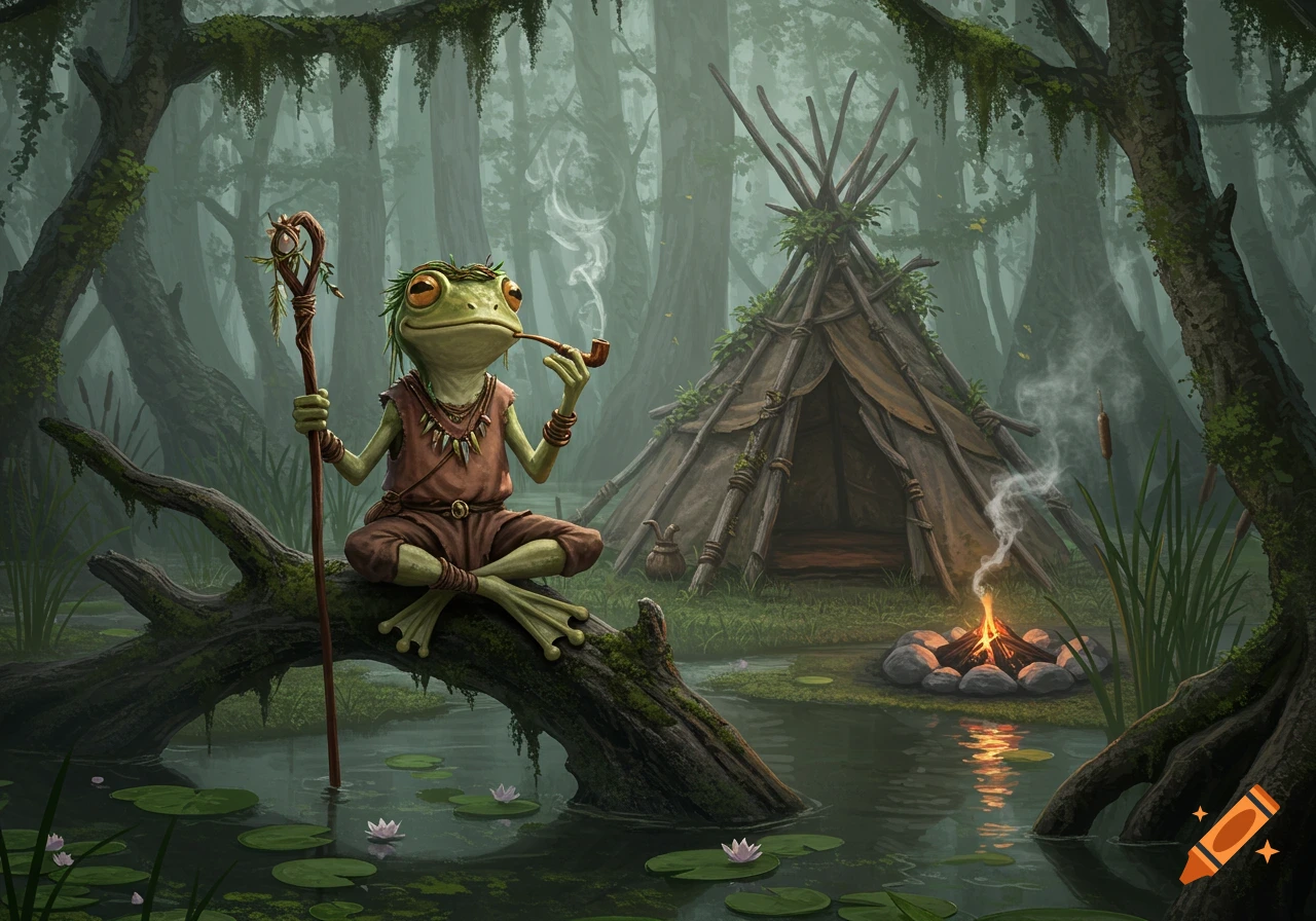 A detailed fantasy illustration of a frog-like Grung character sitting on a log in a misty swamp, holding a staff and smoking a pipe, with a teepee and campfire in the background.