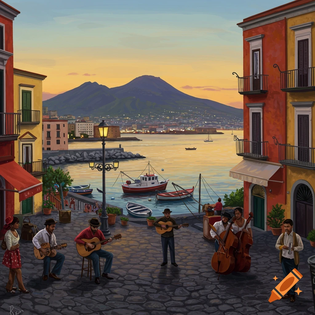 Illustration of an Italian harbor city at sunset, with street musicians, colorful buildings, boats, and Mount Vesuvius.