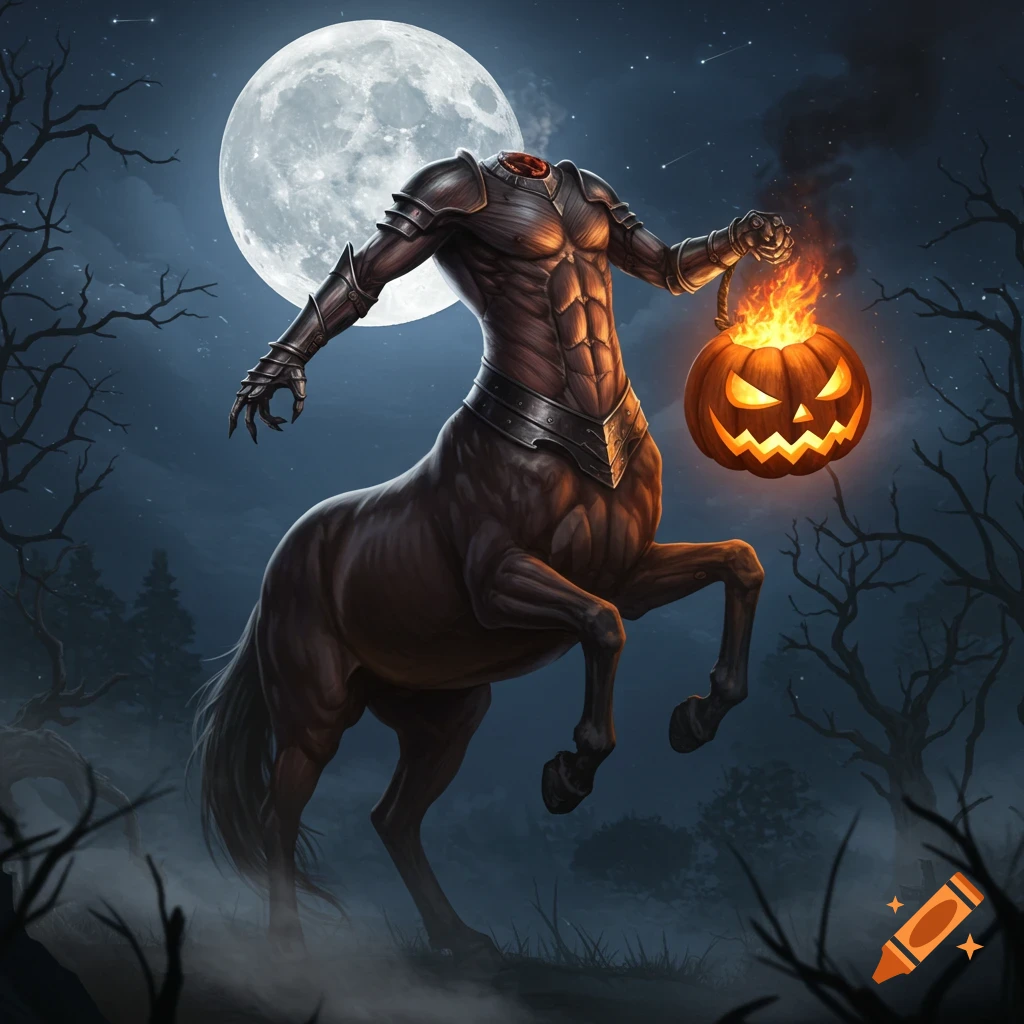 A headless centaur carrying a flaming jack-o-lantern rears up against a full moon and spooky trees in a dark night fantasy illustration.