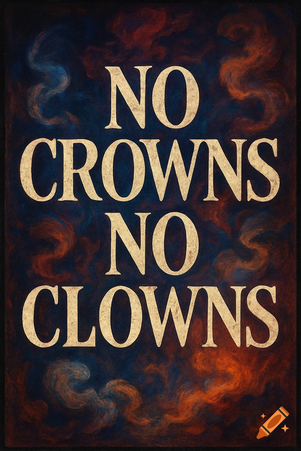 A vintage-style poster with 'NO CROWNS NO CLOWNS' text in gold on a dark blue and orange marbled background.