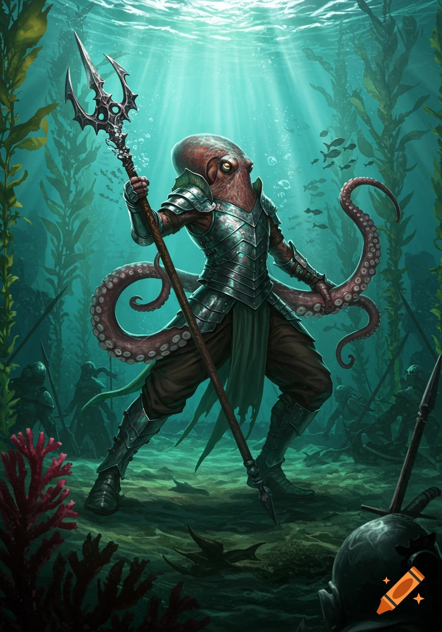 A powerful octopus warrior in ornate silver armor stands in an underwater kelp forest, holding a dark trident, with other figures in the background.