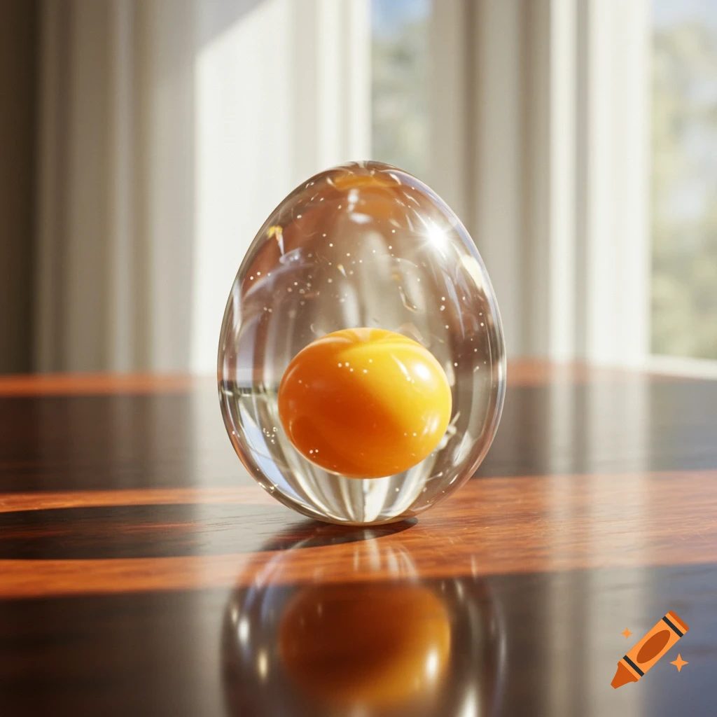 A photorealistic image of a transparent egg containing an orange yolk, sitting on a glossy wooden table with window light in the background.