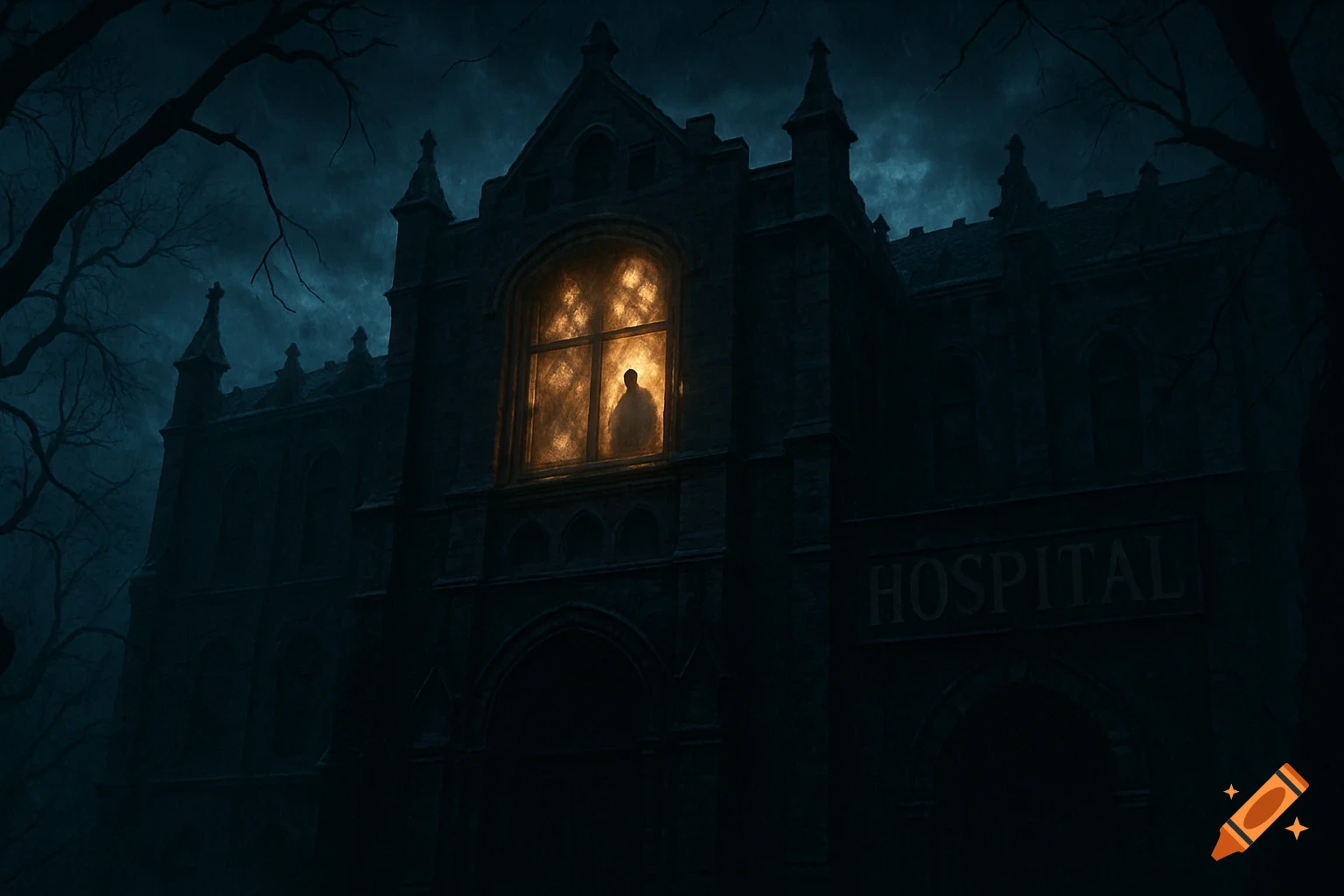 A dark, cinematic image of a gothic hospital at night, with a silhouetted figure in a glowing window and bare tree branches.