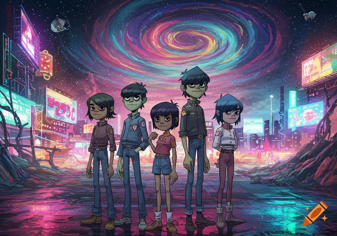 Five animated characters resembling Gorillaz stand in a vibrant, neon-lit cyberpunk city under a swirling galaxy sky.