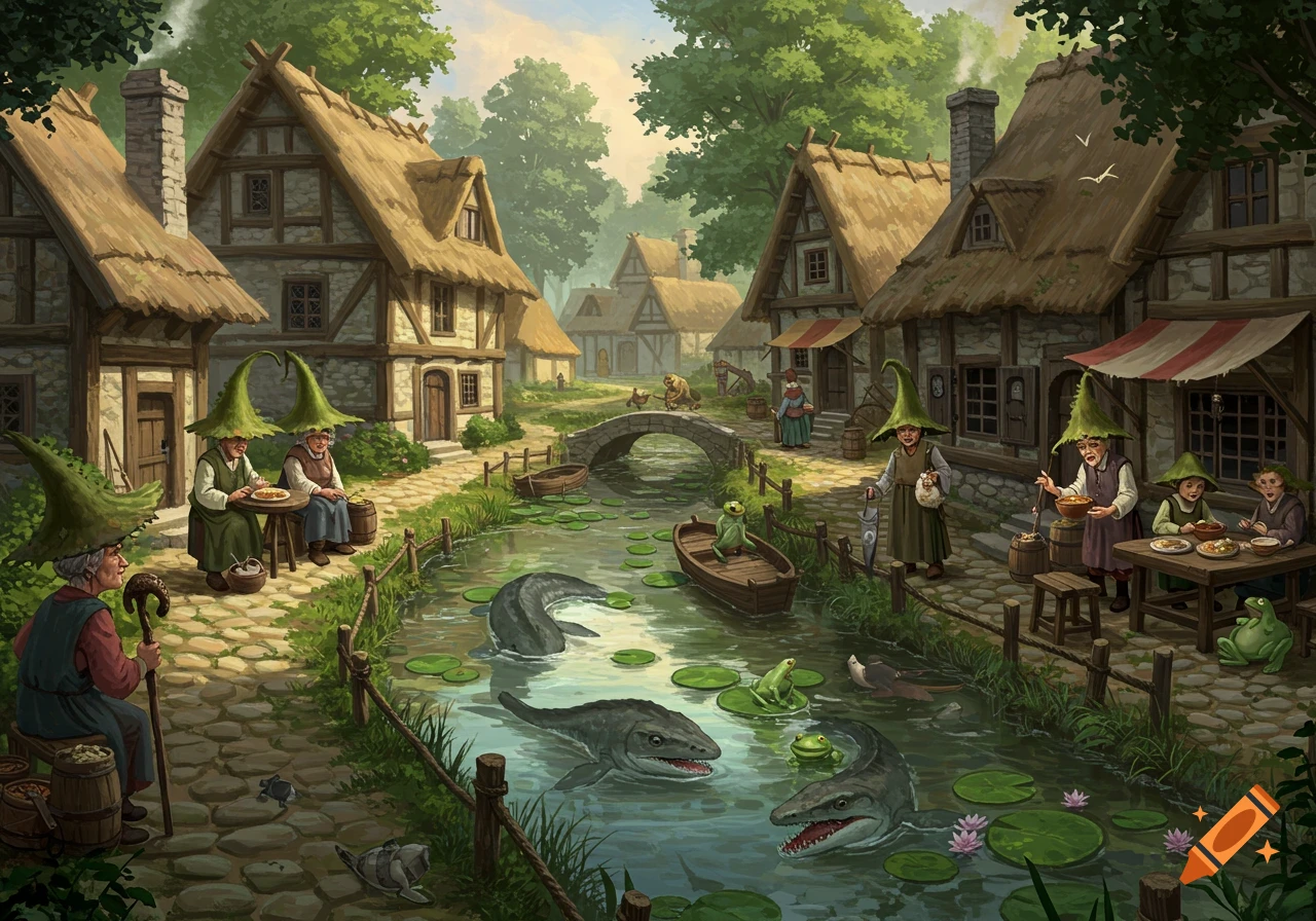 A fantasy village with thatched-roof houses, a river flowing through it, and people in green hats. Mosasaurs and frogs swim in the river.