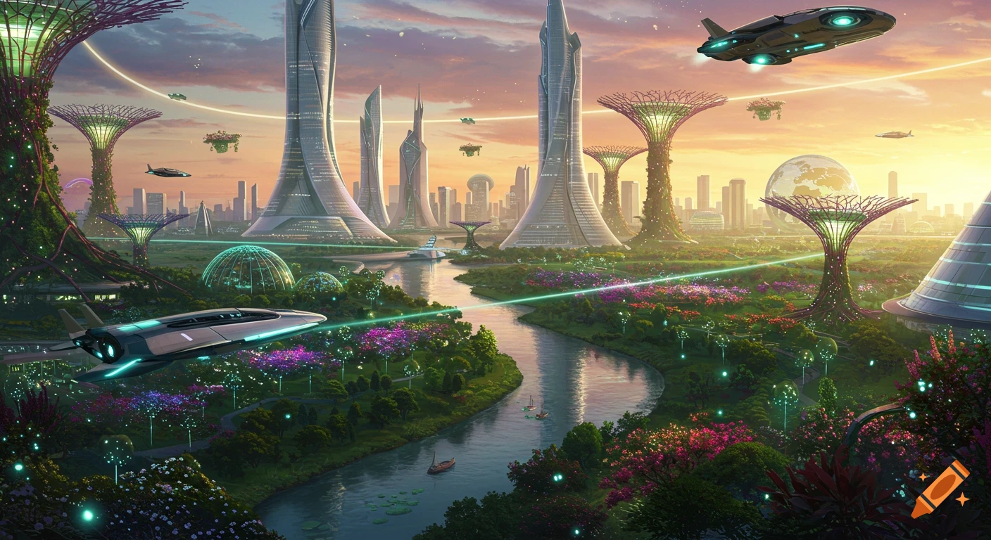 A vibrant, futuristic utopian cityscape with sleek skyscrapers, glowing tree-like structures, a river, lush gardens, and flying vehicles under a colorful sky.