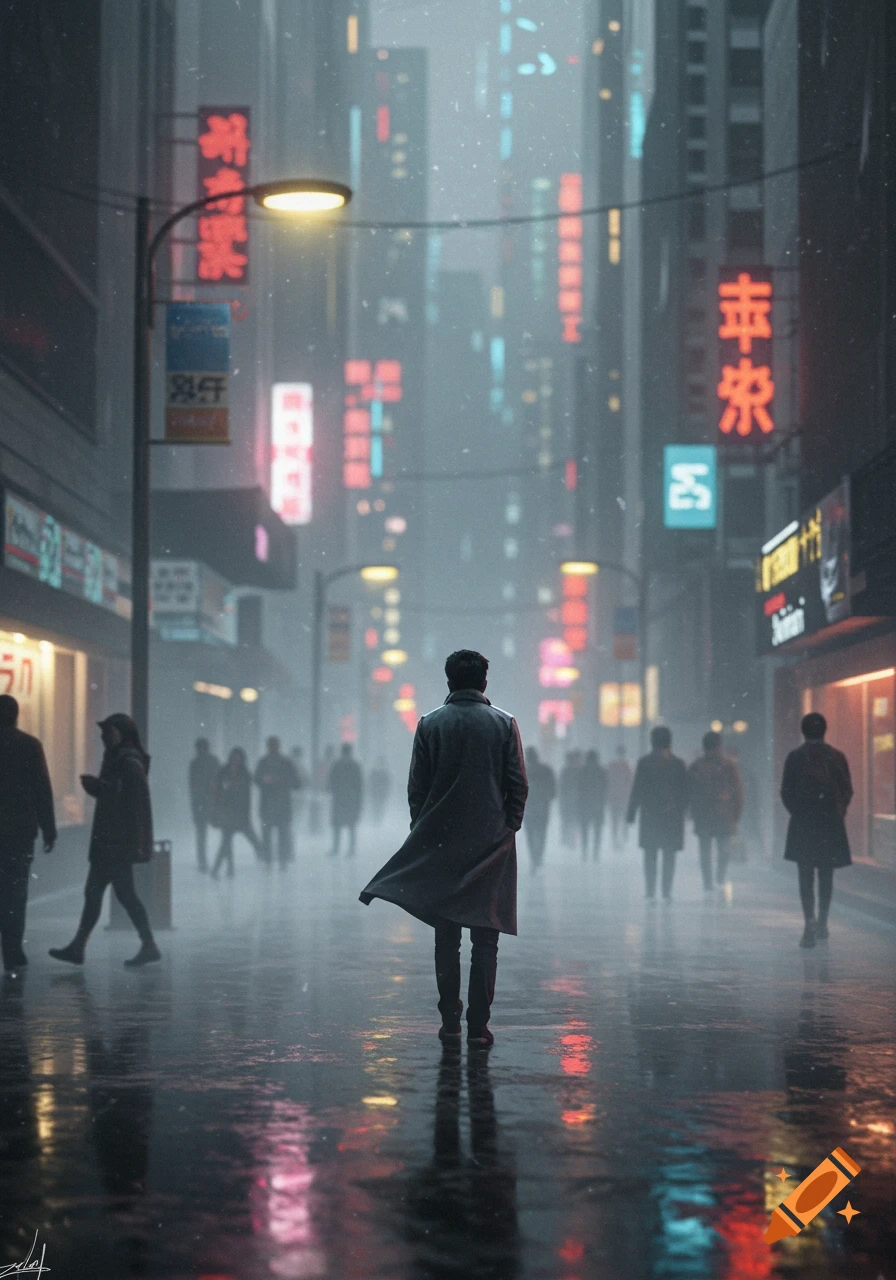 A man in a trench coat walks away on a rainy, neon-lit city street at night, with blurred figures and reflections.