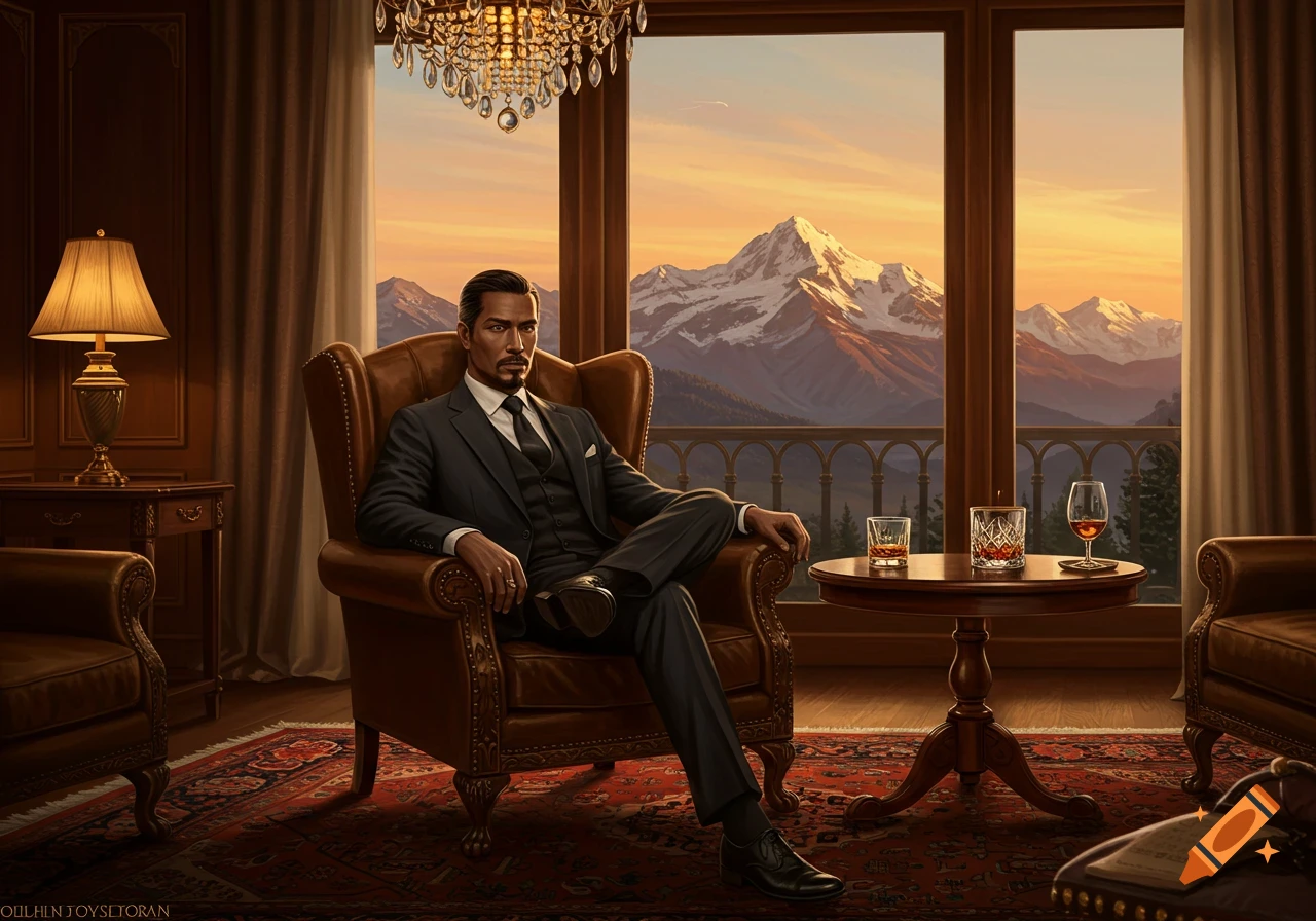 A dapper man in a black suit sits in a brown leather armchair in a luxurious room with a mountain view at sunset.
