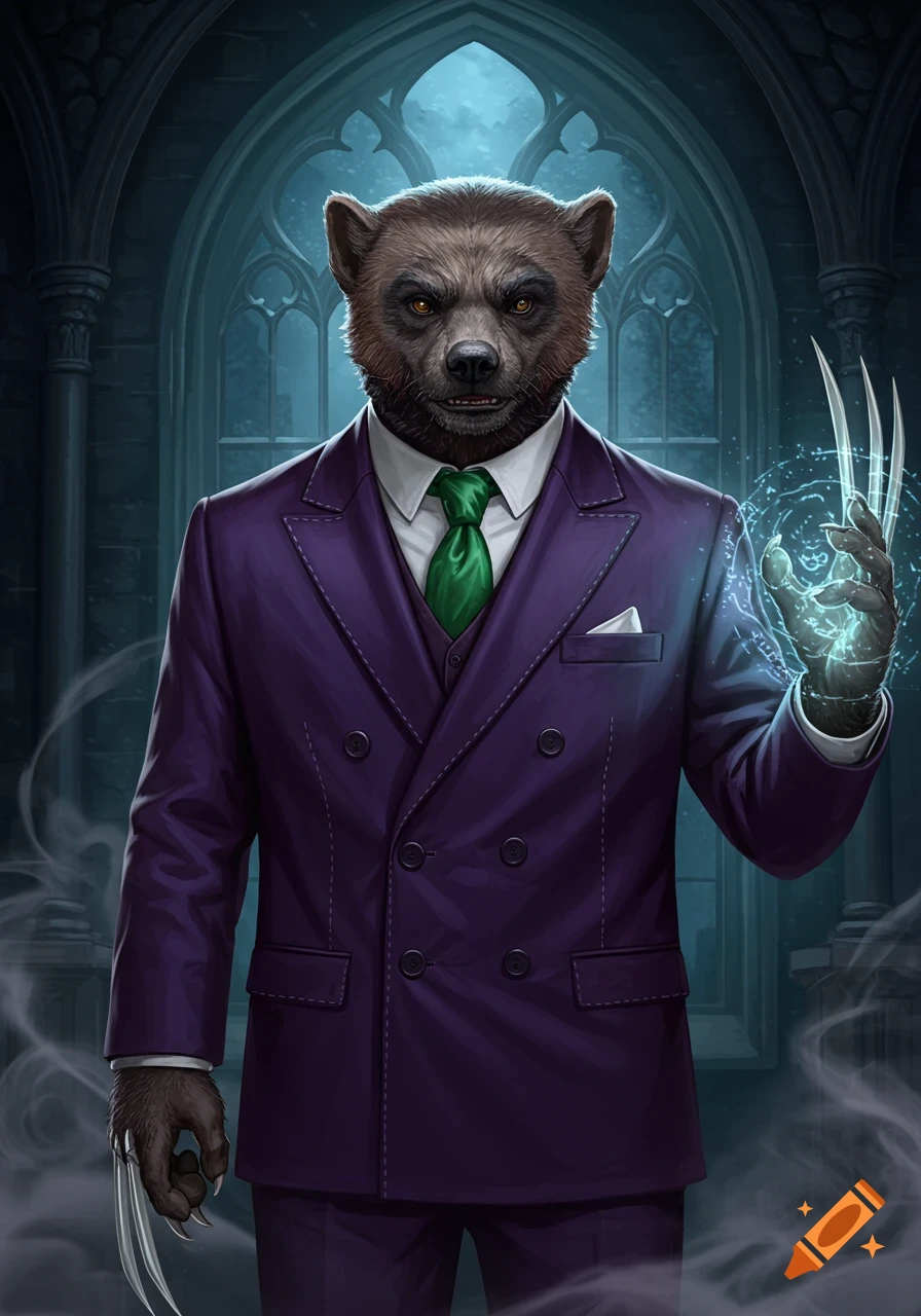 An anthropomorphic wolverine in a purple suit and green tie, with sharp claws, smirks while generating a blue spell in a gothic setting.