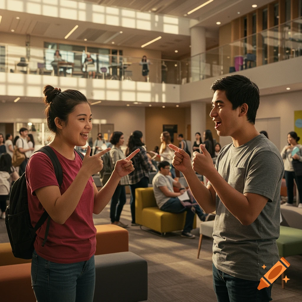 Two smiling Asian students gesture with hands, talking in a modern university hall filled with other students. Photorealistic.