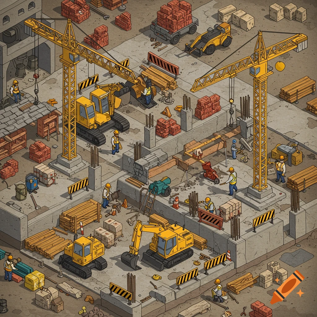 An isometric illustration of a bustling construction site with cranes, excavators, workers, and building materials.