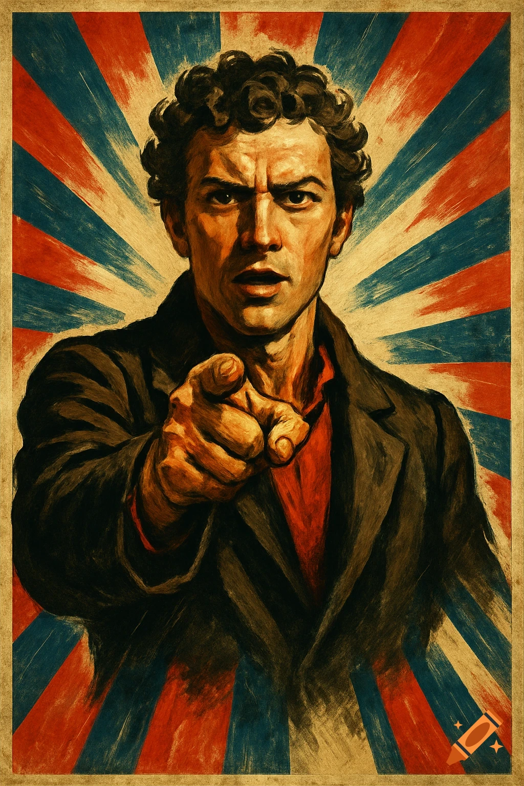 Vintage propaganda poster of a stern curly-haired man pointing forward, with red and blue rays behind him.